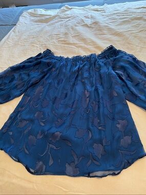 White House Black Market Royal Blue Floral Off-Shoulder Blouse